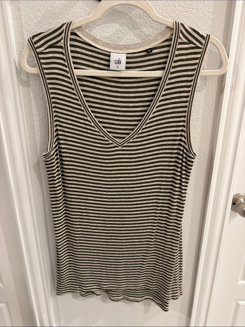 CAbi STYLE 5561 Olive and Cream Striped V-Neck Tank